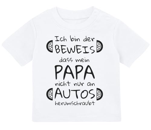 Baby Tshirt in Weiß 0-36 Monate Spruch für Kinder eines KFZ Mechatronikers, Autoschrauber Geschenk zur Geburt Papa schraubt Nicht nur an Autos T-Shirt für Kleinkind 0, 1, 2, 3 Jahre von Blauer-Storch