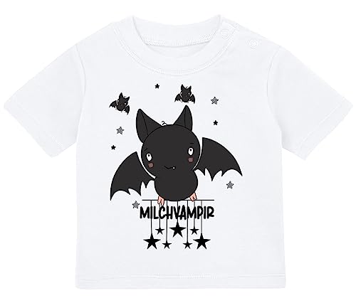 Baby Tshirt in Weiß 0-36 Monate mit Druck T-Shirt mit Spruch Milchvampir Vampir Fledermaus Sterne T-Shirt für Kleinkind 0, 1, 2, 3 Jahre von Blauer-Storch