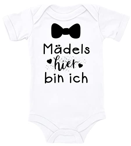 Blauer-Storch Baby Body Mädels hier bin ich Fliege Geschenk zur Geburt zum Geburtstag für Kleinkind Kurzarm Bio Baumwolle von Blauer-Storch