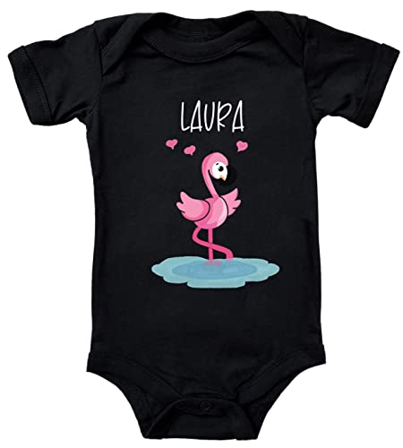 Blauer-Storch Baby Body Personalisierbar mit Namen Flamingo Geschenk für Kleinkind Kurzarm Bio Baumwolle von Blauer-Storch