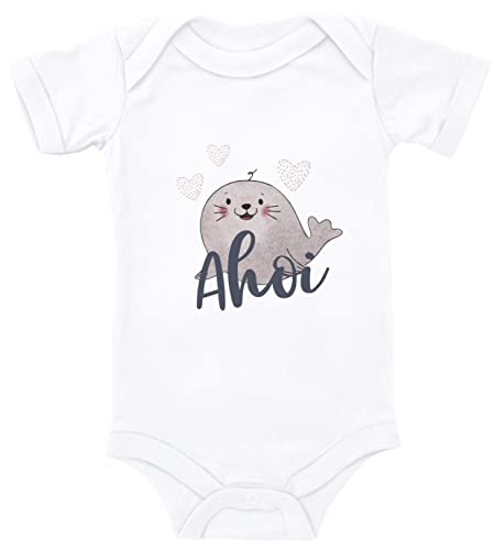 Blauer-Storch Baby Body Robbe Herzen Ahoi Geschenk für Kleinkind Kurzarm Bio Baumwolle von Blauer-Storch