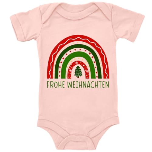 Blauer-Storch Baby Body in Apricot Frohe Weihnachten, weihnachtlicher Regenbogen, Tannenbaum Spruch Geschenk zu Weihnachten, Nikolaus für Kleinkind Kurzarm Bio Baumwolle von Blauer-Storch