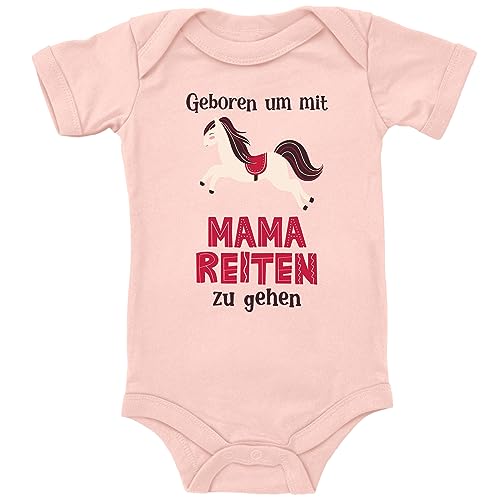 Blauer-Storch Baby Body in Apricot Geboren um mit Mama reiten zu gehen Für kleiner Reiterin, Pferdeliebhaber, Geschenk zur Geburtfür Kleinkind Kurzarm Bio Baumwolle von Blauer-Storch