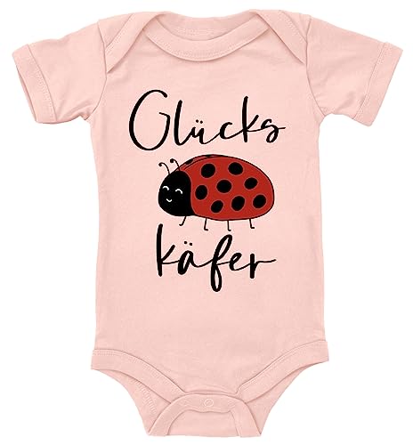 Blauer-Storch Baby Body in Apricot Glücks Käfer, Süßer Marienkäfer bringt Glück Spruch Geschenk zur Geburt zum Geburtstag für Kleinkind Kurzarm Bio Baumwolle von Blauer-Storch