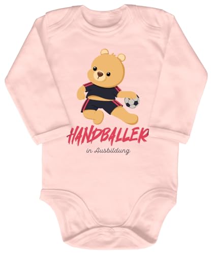 Blauer-Storch Baby Body in Apricot Handballer Teddybär in Ausbildung Süßes Handball Geschenk zur Geburt Geburtstag für den Handballspieler Nachwuchs Langarm Bio Baumwolle von Blauer-Storch