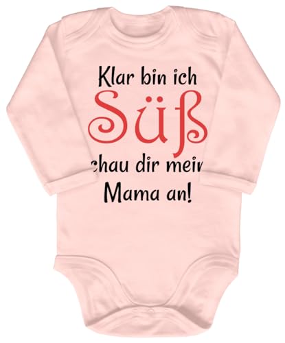 Blauer-Storch Baby Body in Apricot Klar bin ich süß, schau dir mal meine Mama an Spruch Geschenk zur Geburt zum Geburtstag für Kleinkind Langarm Bio Baumwolle von Blauer-Storch