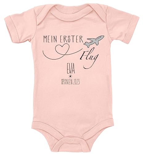 Blauer-Storch Baby Body in Apricot Mein 1. Flug, Erster Urlaub Mit Namen und Reiseziel Geschenk für Kleinkind Kurzarm Bio Baumwolle von Blauer-Storch