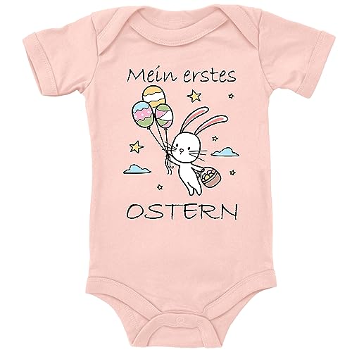 Blauer-Storch Baby Body in Apricot Mein erstes Ostern, Osterhase fliegt davon Geschenk zum ersten Osterfest für Kleinkind Kurzarm Bio Baumwolle von Blauer-Storch