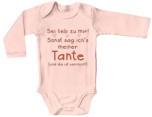 Blauer-Storch Baby Body in Apricot Sei lieb zu mir! Sonst sag ich's meiner Tante Herzen verrückte Tante Geschenk für Kleinkind langarm Bio Baumwolle von Blauer-Storch