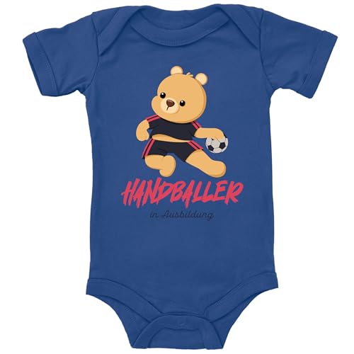 Blauer-Storch Baby Body in Blau Handballer Teddybär in Ausbildung Süßes Handball Geschenk zur Geburt Geburtstag für den Handballspieler Nachwuchs Kurzarm Bio Baumwolle von Blauer-Storch