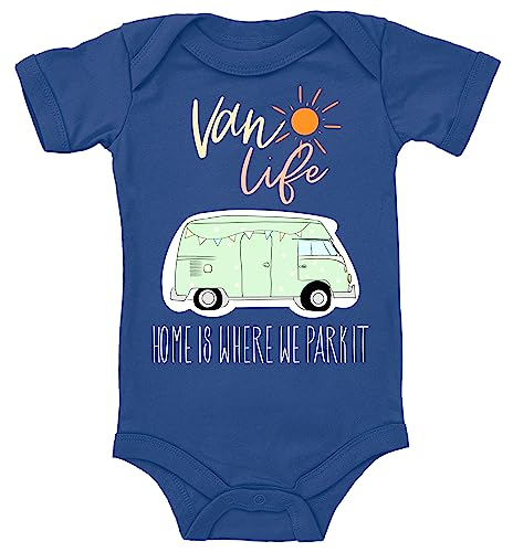 Blauer-Storch Baby Body in Blau Van Life, Campingplatz, Home is where we park it Geschenk für kleine Camper Kurzarm Bio Baumwolle von Blauer-Storch