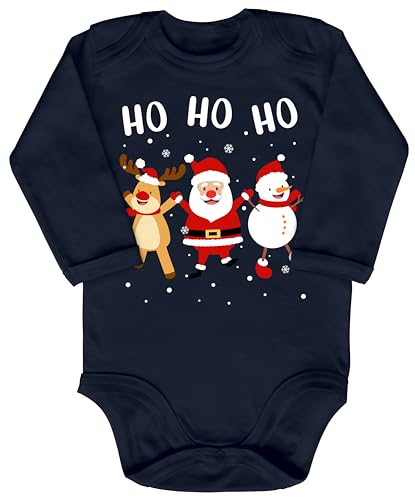 Blauer-Storch Baby Body in Dunkelblau Ho Ho Ho, Weihnachtsmann Schneemann und Elch Tanzen Geschenk zu Weihnachten, Nikolaus für Kleinkind Langarm Bio Baumwolle von Blauer-Storch