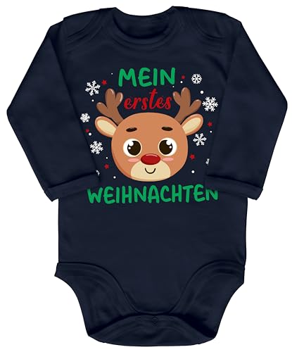 Blauer-Storch Baby Body in Dunkelblau Mein Erstes Weihnachten Rentier mit Roter Nase Geschenk zu Weihnachten, Nikolaus für Kleinkind Langarm Bio Baumwolle von Blauer-Storch