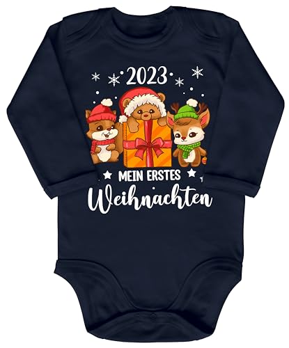 Blauer-Storch Baby Body in Dunkelblau Mein erstes Weihnachten 2023, Eichhörnchen Teddy und Rentier Geschenk zu Weihnachten, Nikolaus für Kleinkind Langarm Bio Baumwolle von Blauer-Storch