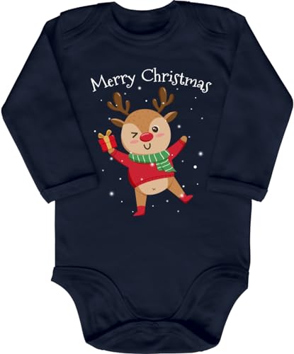 Blauer-Storch Baby Body in Dunkelblau Merry christmas fröhliches Rentier tanzt im Schnee Weihnachten Geschenk zu Weihnachten für Kleinkind Langarm Bio Baumwolle von Blauer-Storch