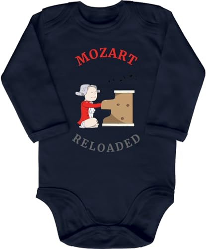 Blauer-Storch Baby Body in Dunkelblau Mozart Reloaded, Pianist am Klavier Spruch Geschenk zur Geburt zum Geburtstag für Kleinkind Langarm Bio Baumwolle von Blauer-Storch