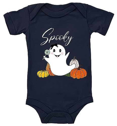 Blauer-Storch Baby Body in Dunkelblau Spooky, Halloween Gespenst Spruch Geschenk zur Geburt zum Geburtstag für Kleinkind Kurzarm Bio Baumwolle von Blauer-Storch