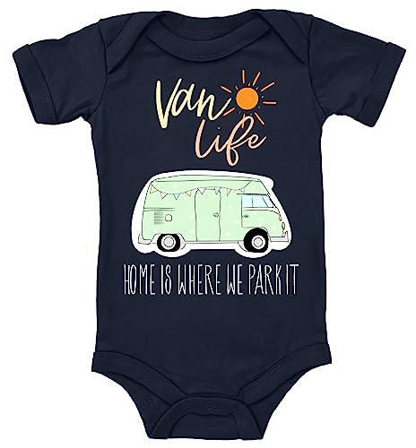 Blauer-Storch Baby Body in Dunkelblau Van Life, Campingplatz, Home is where we park it Geschenk für kleine Camper Kurzarm Bio Baumwolle von Blauer-Storch