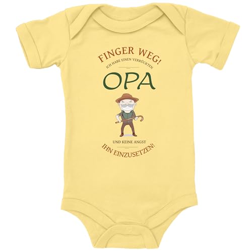 Blauer-Storch Baby Body in Gelb Finger weg, Ich habe einen Verückten Opa und setzte Ihn ein Geschenk vom Großvater für Kleinkind Kurzarm Bio Baumwolle von Blauer-Storch