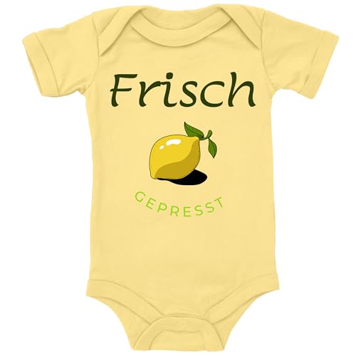 Blauer-Storch Baby Body in Gelb Frisch gepresst! Motiv mit Zitrone Lustiger Spruch zur Geburt für Kleinkind Kurzarm Bio Baumwolle von Blauer-Storch