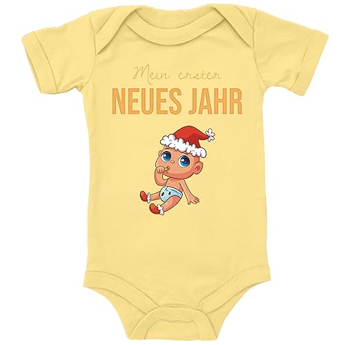 Blauer-Storch Baby Body in Gelb Mein erster Silvester, neues Jahr Spruch Geschenk zum Jahreswechsel für Kleinkind Kurzarm Bio Baumwolle von Blauer-Storch