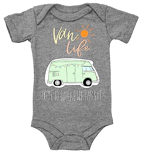 Blauer-Storch Baby Body in Grau Meliert Van Life, Campingplatz, Home is where we park it Geschenk für kleine Camper Kurzarm Bio Baumwolle von Blauer-Storch