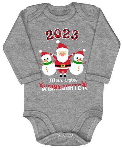 Blauer-Storch Baby Body in Grau meliert 2023 Mein erstes Weihnachten, Weihnachtsmann mit Schneemännern Geschenk zu Weihnachten, Nikolaus für Kleinkind Langarm Bio Baumwolle von Blauer-Storch