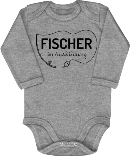 Blauer-Storch Baby Body in Grau meliert Fischer in Ausbildung, Kleiner Angler Geschenk zur Geburt zum Geburtstag für den Angel Nachwuchs für Kleinkind Langarm Bio Baumwolle von Blauer-Storch