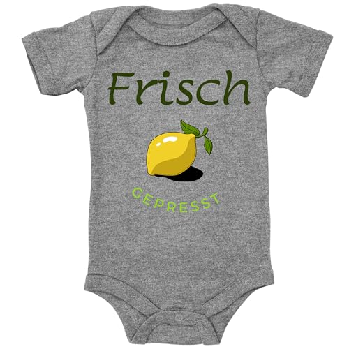 Blauer-Storch Baby Body in Grau meliert Frisch gepresst! Motiv mit Zitrone Lustiger Spruch zur Geburt für Kleinkind Kurzarm Bio Baumwolle von Blauer-Storch
