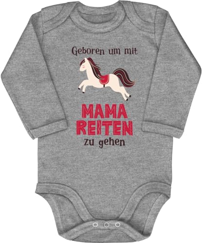 Blauer-Storch Baby Body in Grau meliert Geboren um mit Mama reiten zu gehen Für kleiner Reiterin, Pferdeliebhaber, Geschenk zur Geburtfür Kleinkind Langarm Bio Baumwolle von Blauer-Storch