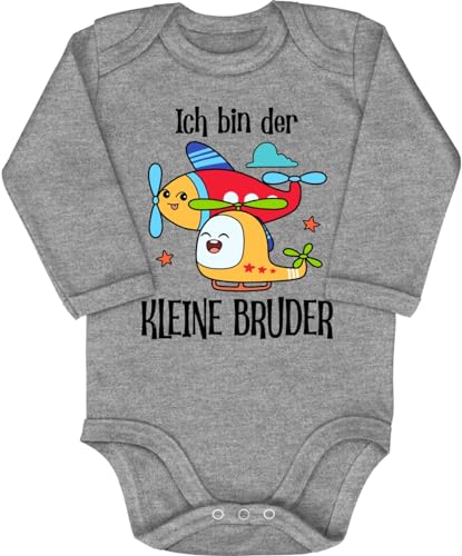 Blauer-Storch Baby Body in Grau meliert Ich bin der kleine Bruder, Flugzeug und Hubschrauber Süßer Spruch zur Geburt Geschenk für den kleinen Bruder Langarm Bio Baumwolle von Blauer-Storch