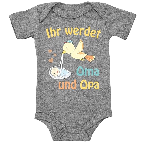 Blauer-Storch Baby Body in Grau meliert Ihr werdet Oma und Opa Schwangerschaftsankündigung, Überraschung für die werdenden Großeltern für Kleinkind Kurzarm Bio Baumwolle von Blauer-Storch
