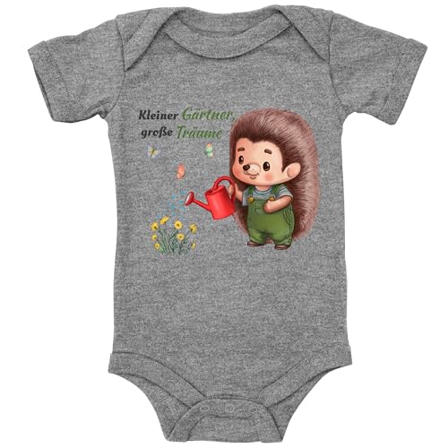 Blauer-Storch Baby Body in Grau meliert Kleiner Gärtner-Igel mit großen Träumen Spruch Geschenk zur Geburt zum Geburtstag für Kleinkind Kurzarm Bio Baumwolle von Blauer-Storch