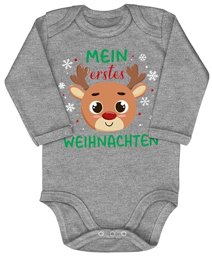 Blauer-Storch Baby Body in Grau meliert Mein Erstes Weihnachten Rentier mit Roter Nase Geschenk zu Weihnachten, Nikolaus für Kleinkind Langarm Bio Baumwolle von Blauer-Storch