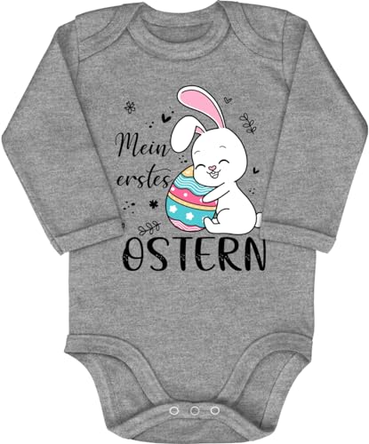 Blauer-Storch Baby Body in Grau meliert Mein erstes Ostern, Osterhase mit Osterei Geschenk zu Ostern, für das erste Osterfest für Kleinkind Langarm Bio Baumwolle von Blauer-Storch