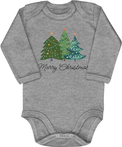 Blauer-Storch Baby Body in Grau meliert Merry Christmas geschmückte Tannenbäume Weihnachtsbaum Sterne Geschenk zu Weihnachten für Kleinkind Langarm Bio Baumwolle von Blauer-Storch