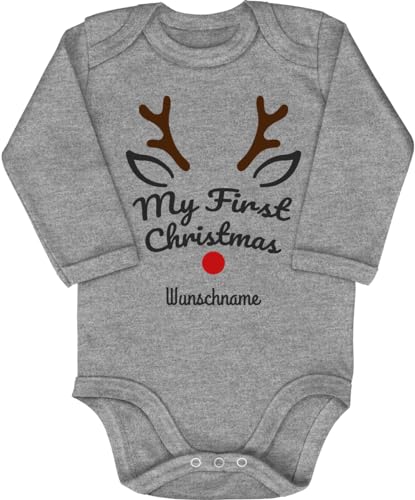 Blauer-Storch Baby Body in Grau meliert My first christmas Mein erstes Weihnachten Rentiergeweih mit roter Nase mit Wunschnamen personalisiert Geschenk zu Weihnachten Langarm Bio Baumwolle von Blauer-Storch