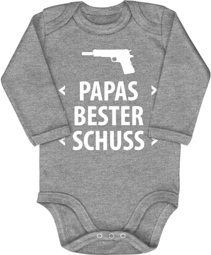 Blauer-Storch Baby Body in Grau meliert Papa´s bester Schuss Lustiger Spruch zur Geburt für Kleinkind Langarm Bio Baumwolle von Blauer-Storch