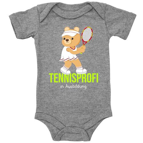 Blauer-Storch Baby Body in Grau meliert Tennisprofi Teddybär in Ausbildung Süßes Tennis Geschenk zur Geburt oder Geburtstag für den Tennisspieler Nachwuchs Kurzarm Bio Baumwolle von Blauer-Storch