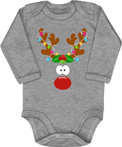 Blauer-Storch Baby Body in Grau meliert Weihnachten Rentier mit roter Nase und Lichterkette Geschenk zu Weihnachten für Kleinkind Langarm Bio Baumwolle von Blauer-Storch