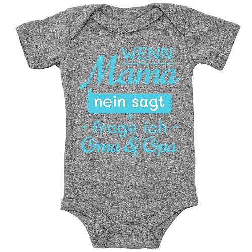 Blauer-Storch Baby Body in Grau meliert Wenn Mama nein sagt, frage ich Oma und Opa Lustiger Spruch, Geschenk zur Geburt von den Großeltern von Blauer-Storch