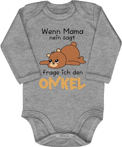 Blauer-Storch Baby Body in Grau meliert Wenn Mama nein sagt, frage ich den Onkel, Kleiner Teddybär Geschenk zur Geburt vom Onkel für Kleinkind Langarm Bio Baumwolle von Blauer-Storch