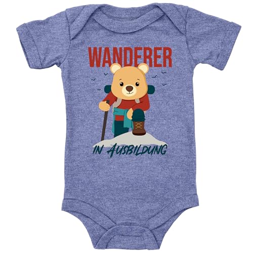 Blauer-Storch Baby Body in Heather Blue Wanderer in Ausbildung, Kleiner Bär Geschenk zur Geburt für kleine Wanderer für Kleinkind Kurzarm Bio Baumwolle von Blauer-Storch