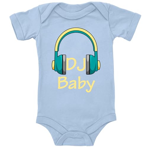 Blauer-Storch Baby Body in Hellblau DJ Baby, Kopfhörer Geschenk für das Musikbegeisterte Kleinkind zur Geburt Kurzarm Bio Baumwolle von Blauer-Storch