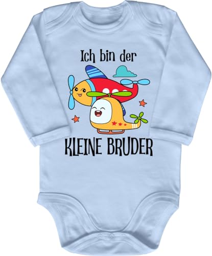 Blauer-Storch Baby Body in Hellblau Ich bin der kleine Bruder, Flugzeug und Hubschrauber Süßer Spruch zur Geburt Geschenk für den kleinen Bruder Langarm Bio Baumwolle von Blauer-Storch