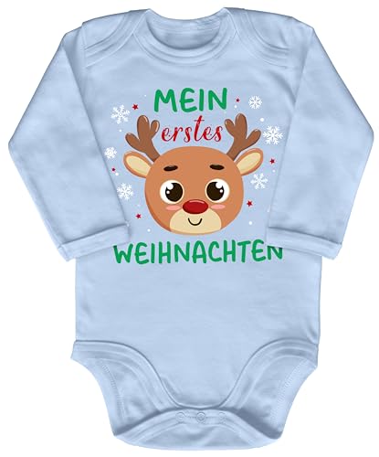 Blauer-Storch Baby Body in Hellblau Mein Erstes Weihnachten Rentier mit Roter Nase Geschenk zu Weihnachten, Nikolaus für Kleinkind Langarm Bio Baumwolle von Blauer-Storch