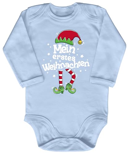 Blauer-Storch Baby Body in Hellblau Mein erstes Weihnachten, Kleiner Elf mit Weihnachtsmütze Geschenk zu Weihnachten, Nikolaus für Kleinkind Langarm Bio Baumwolle von Blauer-Storch