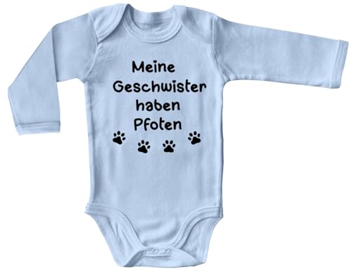 Blauer-Storch Baby Body in Hellblau Meine Geschwister haben Pfoten Tiere Hunde Geschenk für Kleinkind Kurzarm Bio Baumwolle von Blauer-Storch