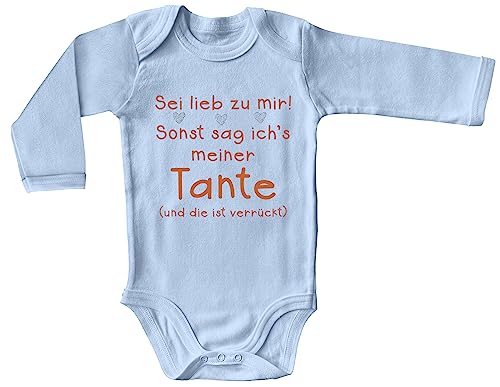Blauer-Storch Baby Body in Hellblau Sei lieb zu mir! Sonst sag ich's meiner Tante Herzen verrückte Tante Geschenk für Kleinkind langarm Bio Baumwolle von Blauer-Storch