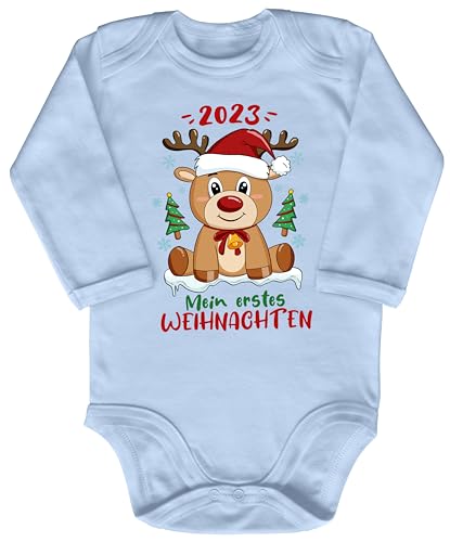 Blauer-Storch Baby Body in Hellblau Teddybär feiert 2023 sein/Mein 1. Weihnachten Geschenk zu Weihnachten, Nikolaus für Kleinkind Langarm Bio Baumwolle von Blauer-Storch